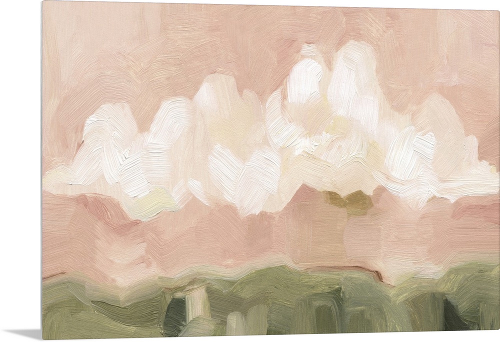 Contemporary painting of bold, textured brush strokes of large white clouds in a pink sky over a field.