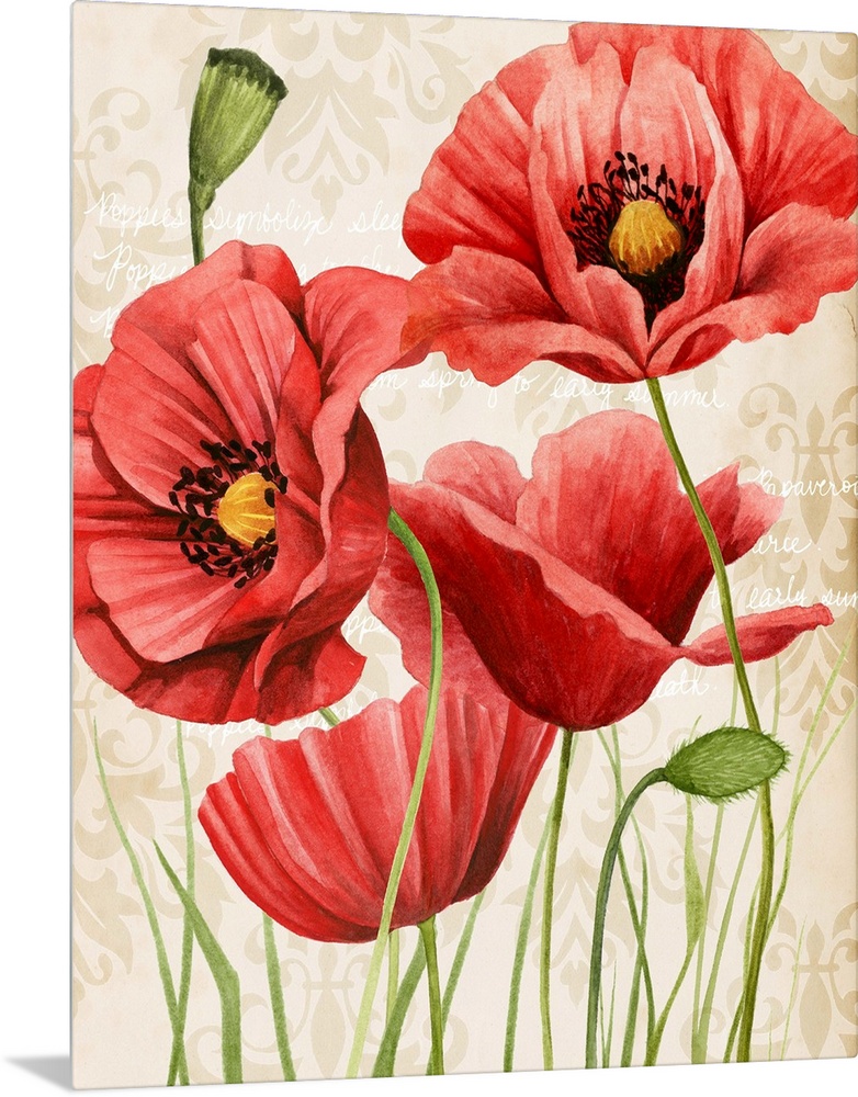 Contemporary illustration of vibrant red poppies in bloom on a beige damask background.