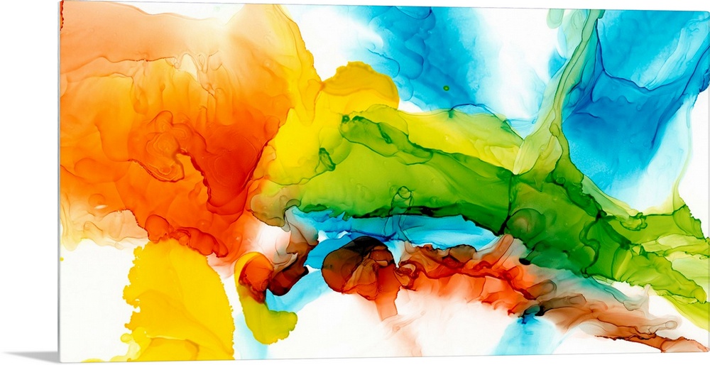 A punchy, bright, abstract created with an alcohol ink technique. Featuring turquoise, lime and citrus colors on a white b...