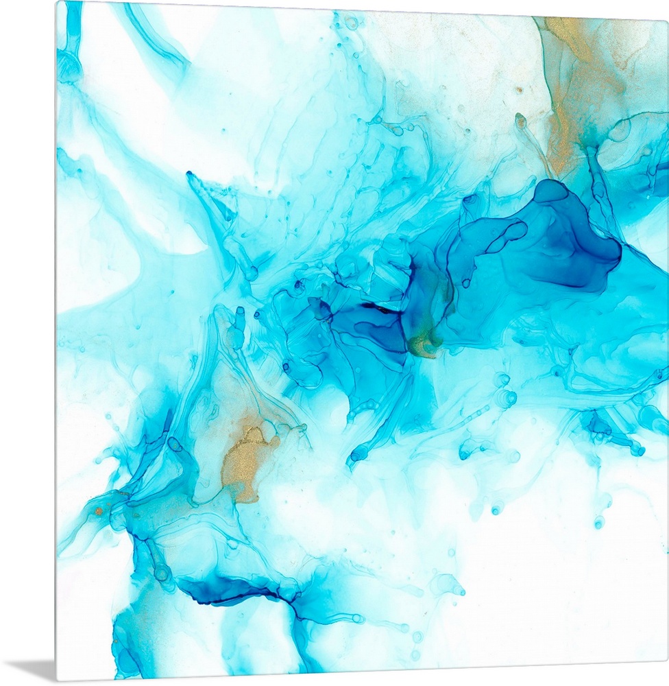 An organic, flowing abstract in shades of blue with gold accents. The image has a light, ethereal quality reminiscent of i...