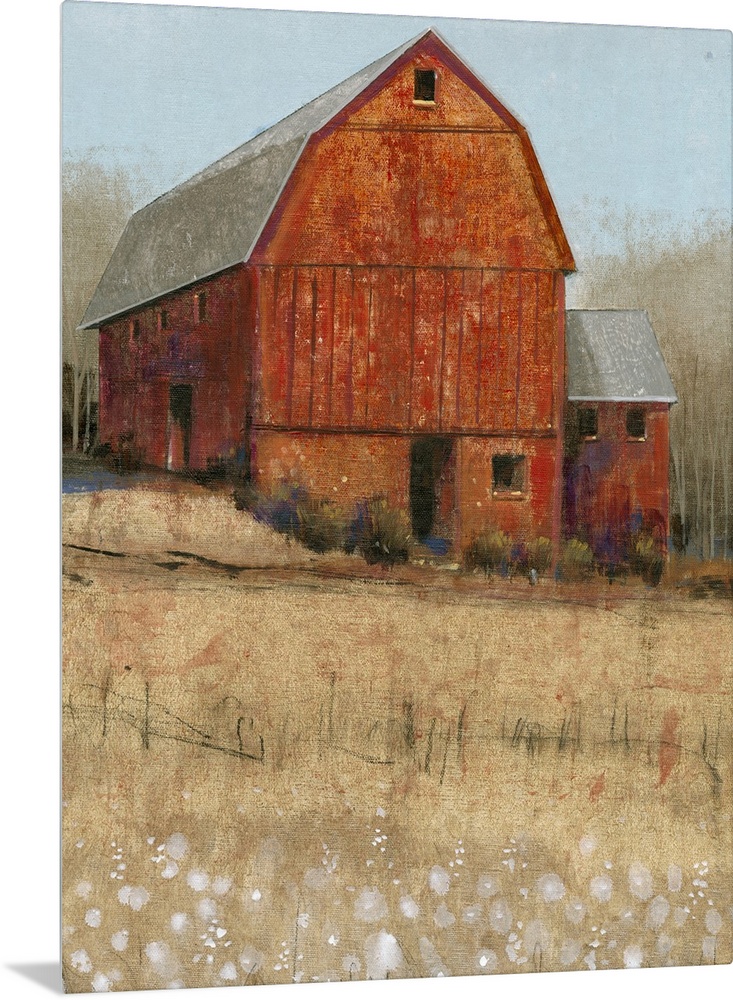 Countryside artwork of rustic red barn on a straw colored field.