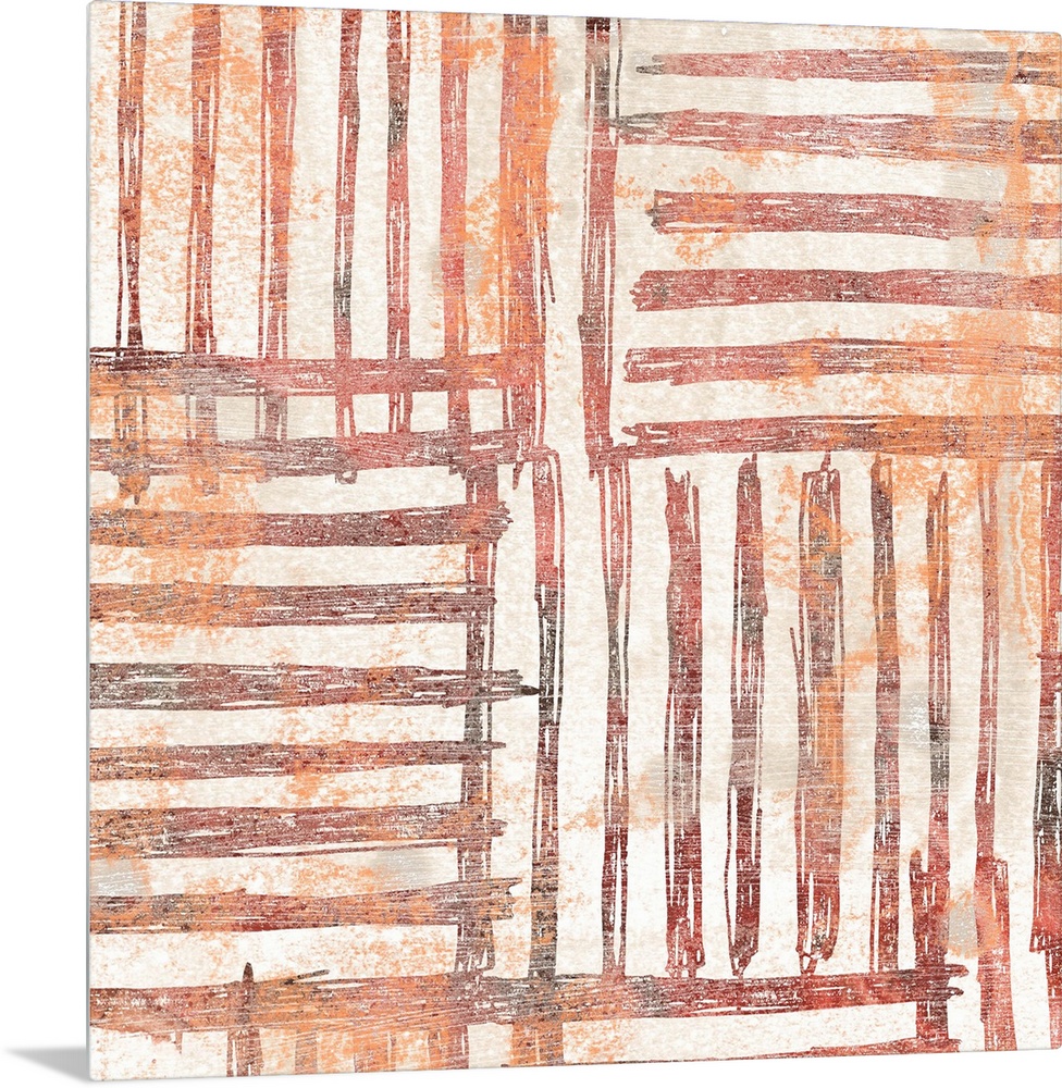 Contemporary patterned painting in earth tones and orange-red hues.