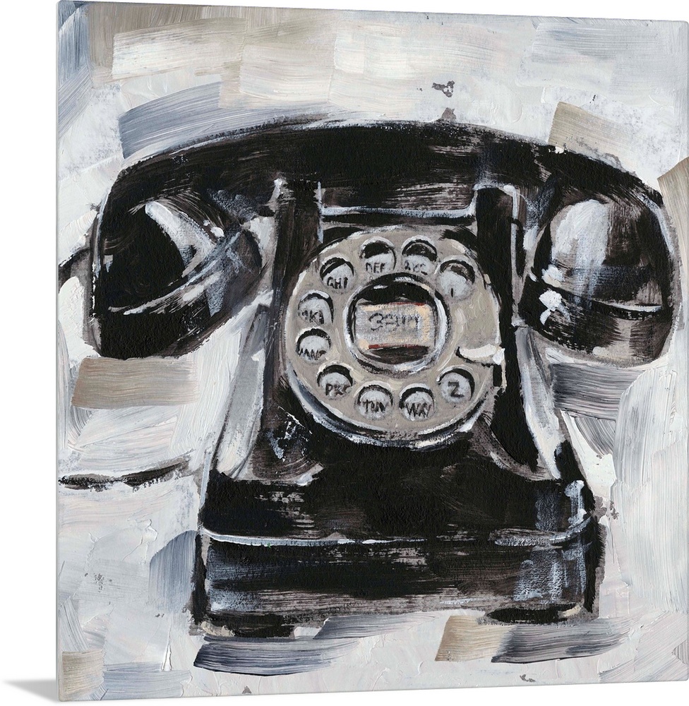 Fun contemporary painting of a retro rotary phone on a neutral background.