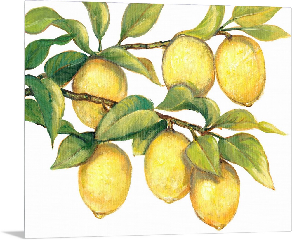 Contemporary painting of ripe lemons hanging from a tree branch.