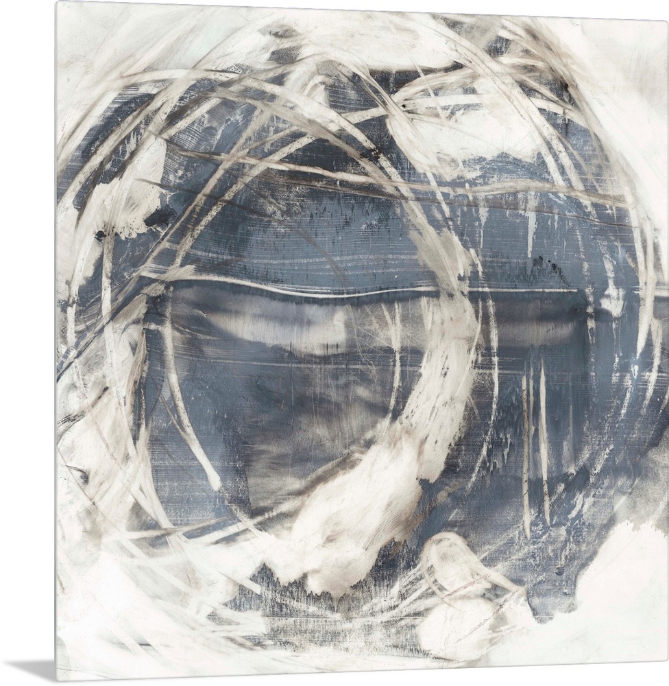 An organic, rounded abstract painting that resembles the earth surrounded by swirling clouds.