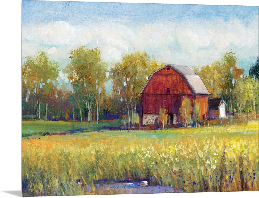 Colorful rural landscape featuring a red barn surrounded by lush, green vegetation.