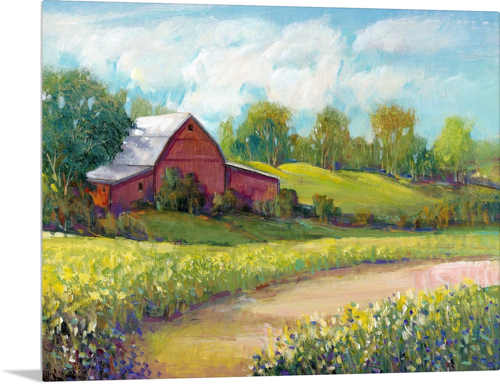 Colorful rural landscape featuring a red barn surrounded by lush, green vegetation.