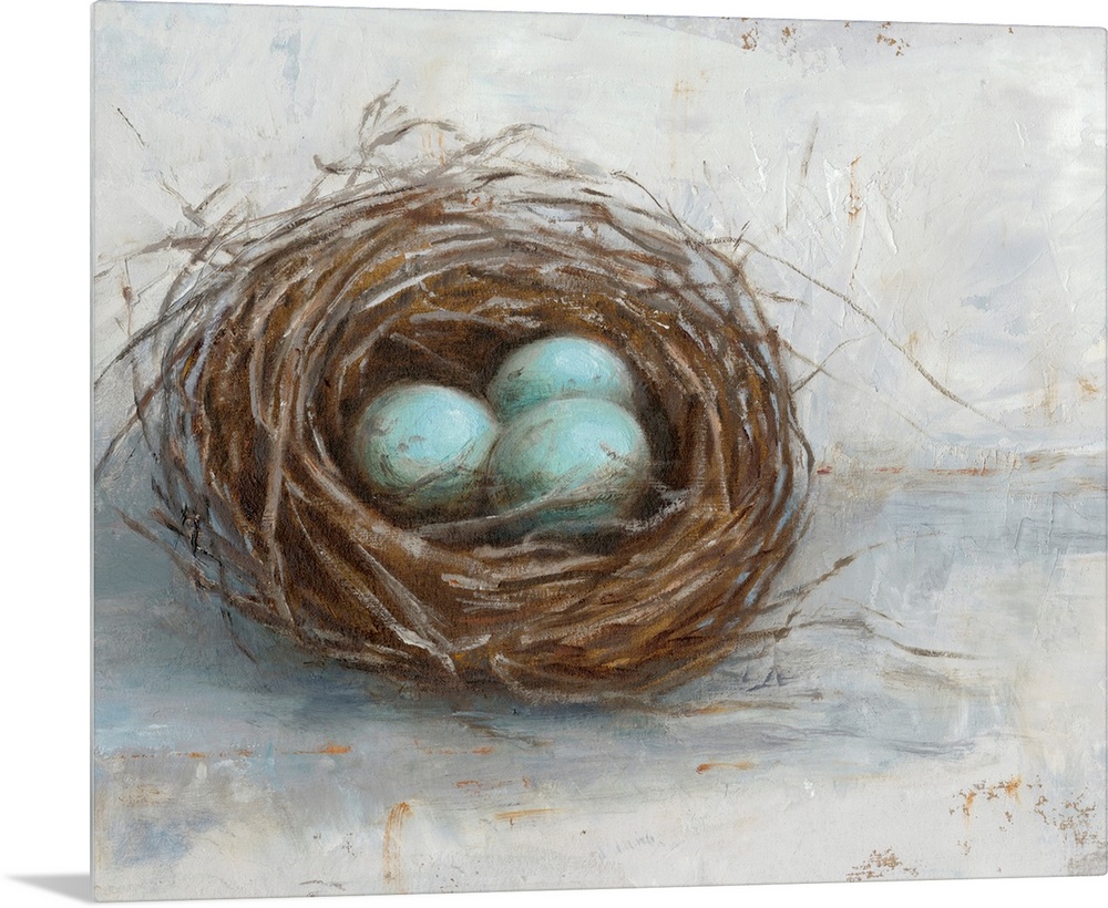 Blue eggs resting in a nest against a distressed light background fills this rustic artwork.