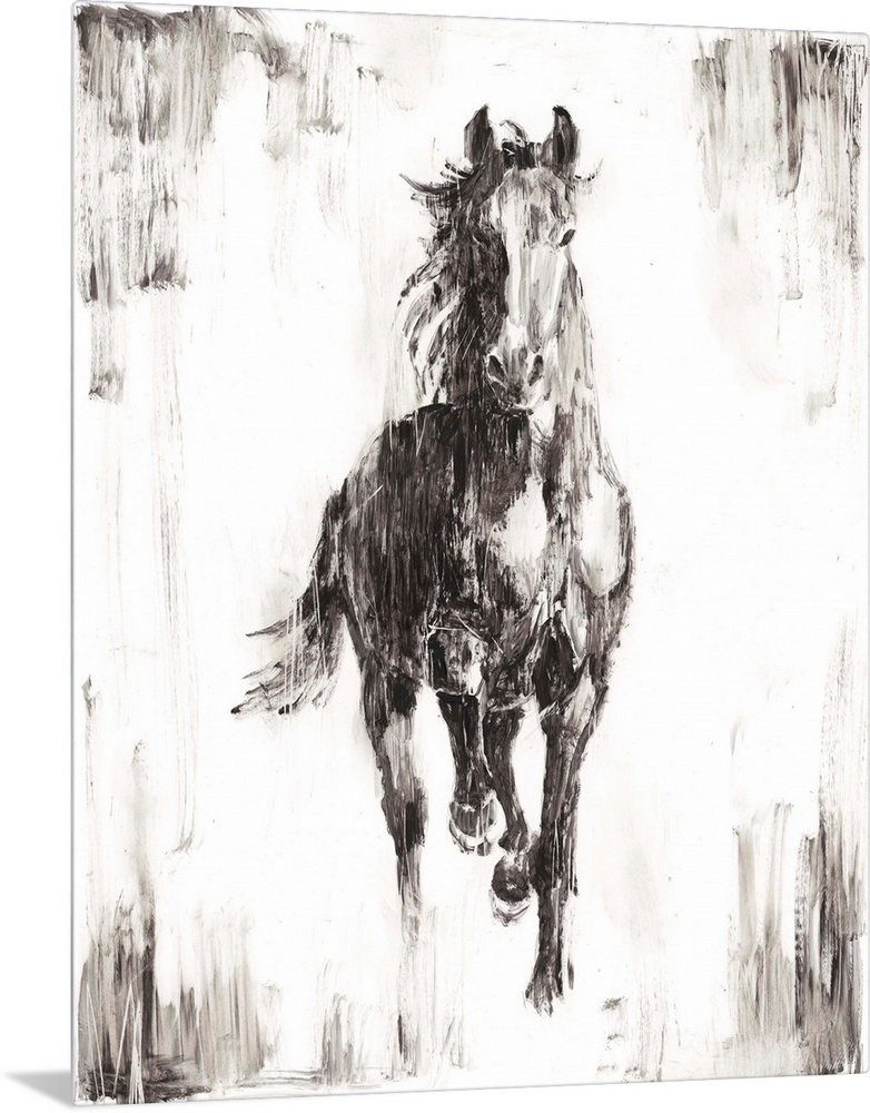 Vertical painting of a running horse done if varies shades of gray and white with a rough brush stroke feel.