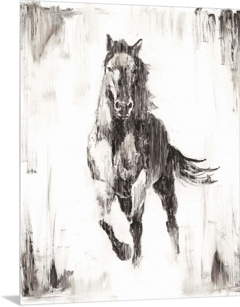 Vertical painting of a running horse done if varies shades of gray and white with a rough brush stroke feel.