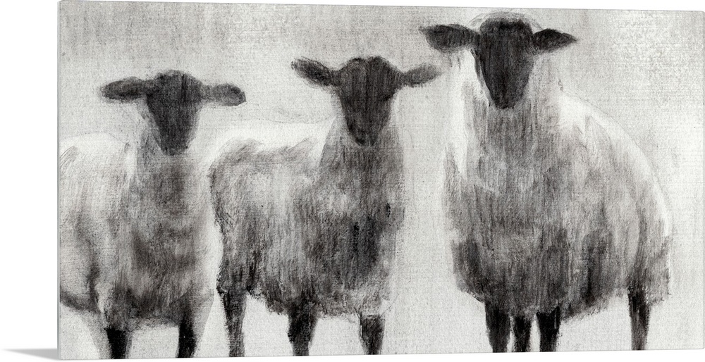 Monochrome painting of three woolly sheep in a field.