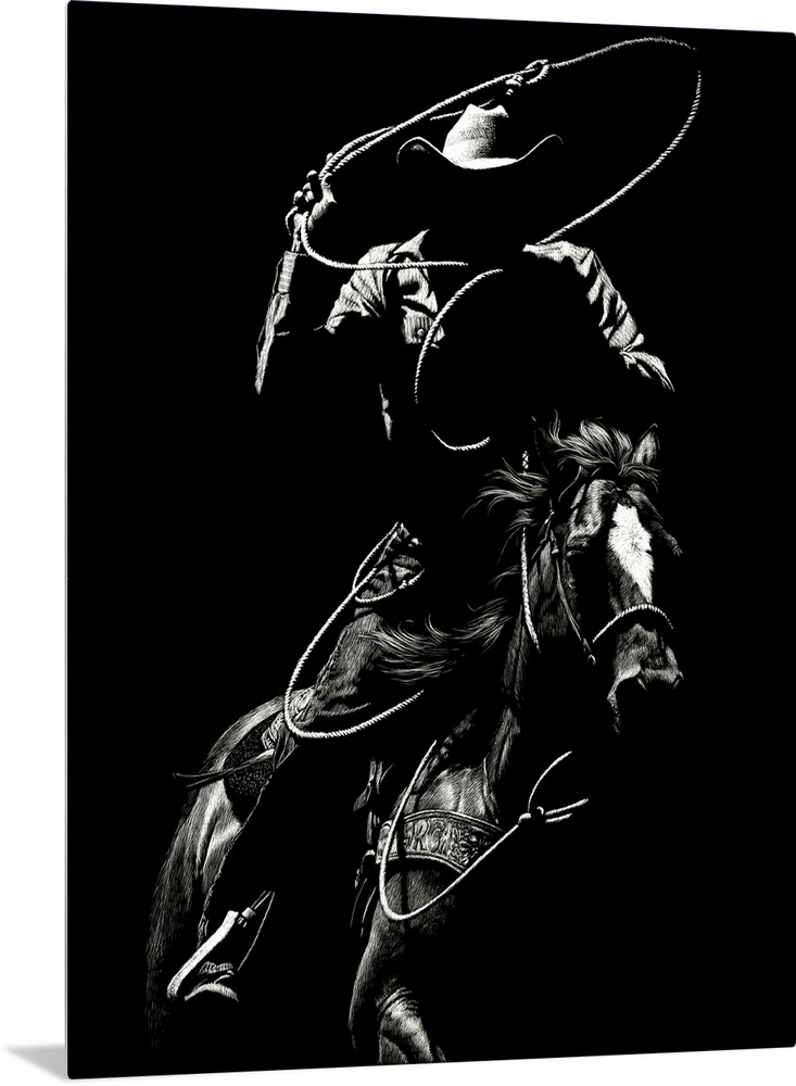 Black and white lifelike illustration of a cowboy riding a horse with a lasso.