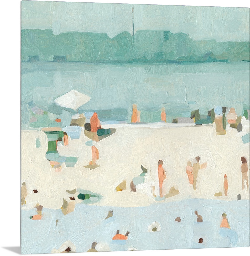 A contemporary impressionist beach scene where simple blocks of color perfectly represent the figures of people in and out...