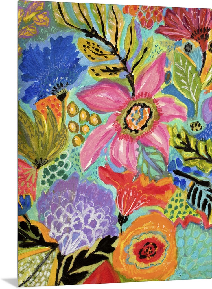 Tropical illustration of colorful blooming flowers in a Boho style.