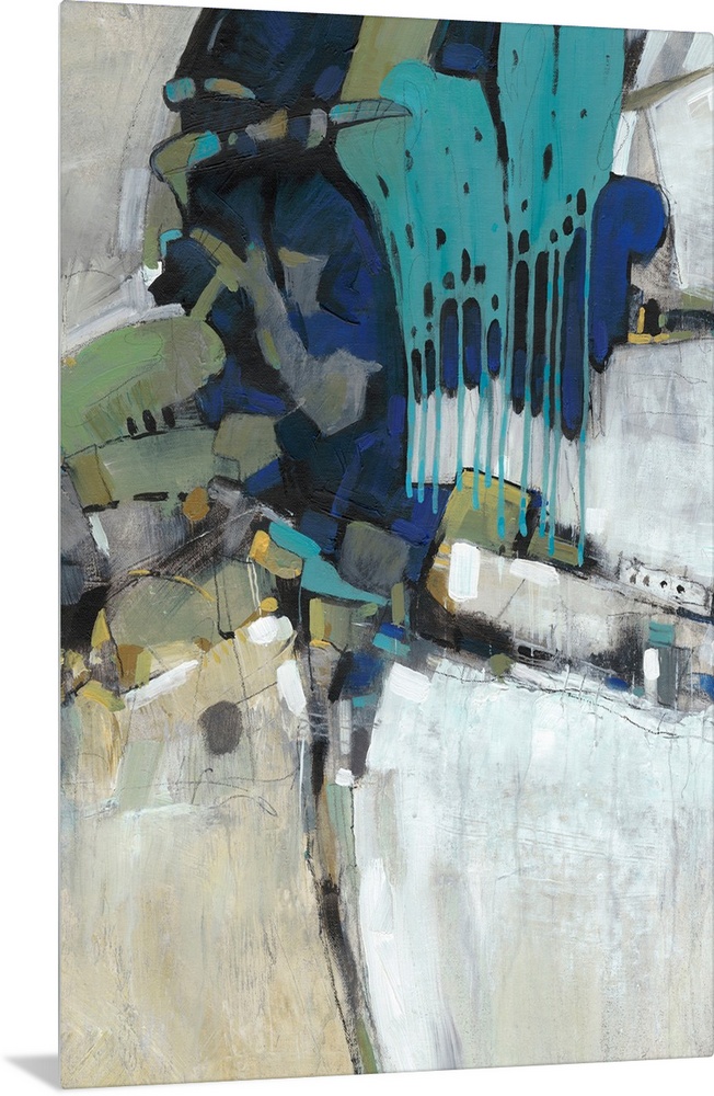 This abstract artwork features blocks of bright color, paint drips and organic lines.