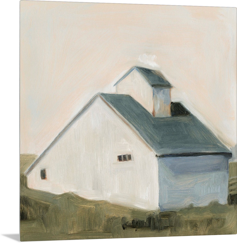 This simple and homely image of a white saltbox barn with slate blue roof is painted in a simple, impressionist style. It ...