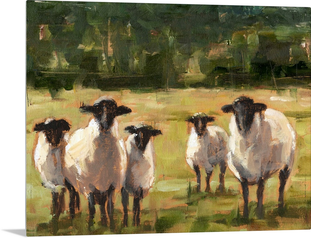 Contemporary painting of sheep in a field.