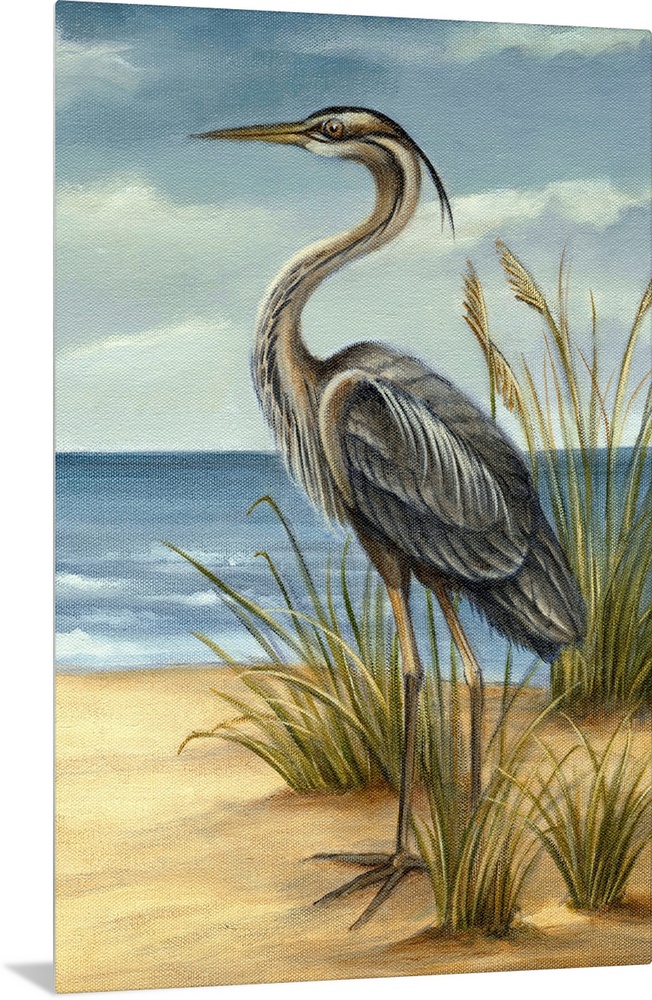 Image of a tall heron standing among clumps of sea grass. This traditional painting is reminiscent of the work of John Jam...