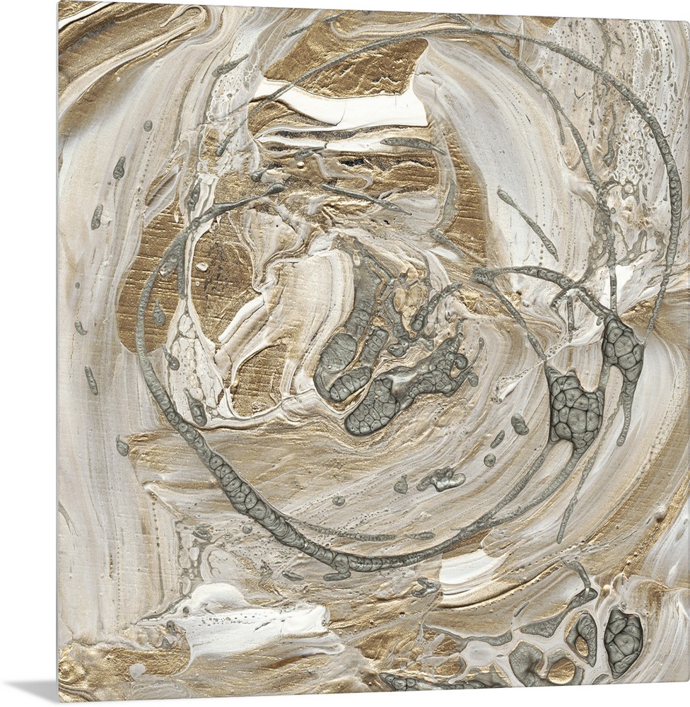 Abstract painting of swirls of white, gray and gold with drips of overlapping silver.