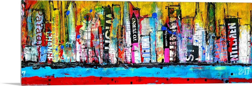 A mixed media collage of paint and printed materials to make a city skyline along a water front in this panoramic.