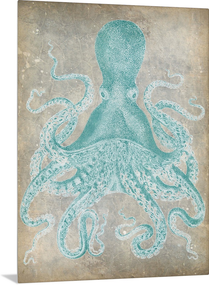 Vintage stylized octopus in a pale blue against a neutral background.