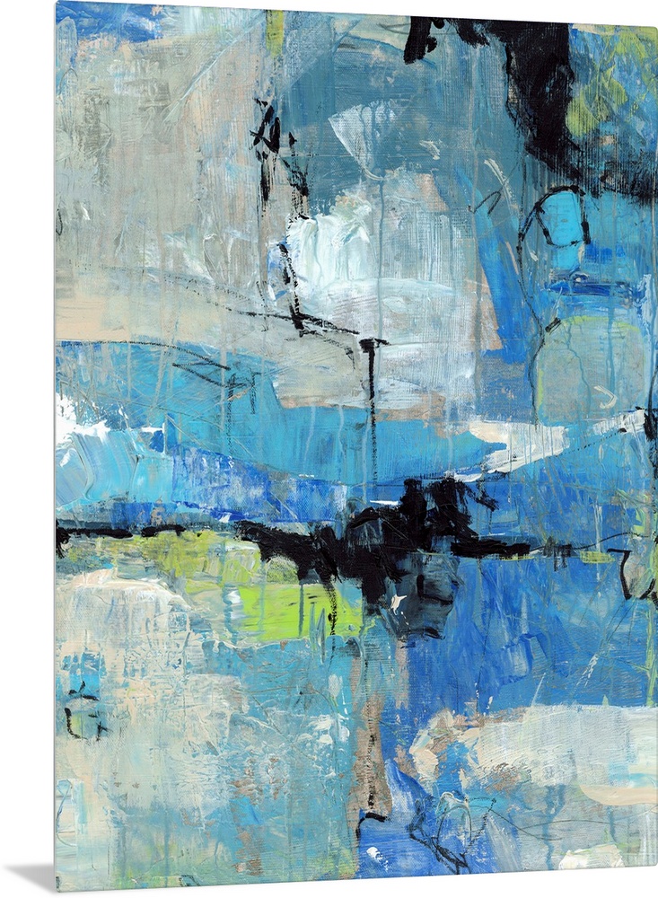 Big abstract painting on canvas of various cool tones and shapes with painted lines dripped on top.