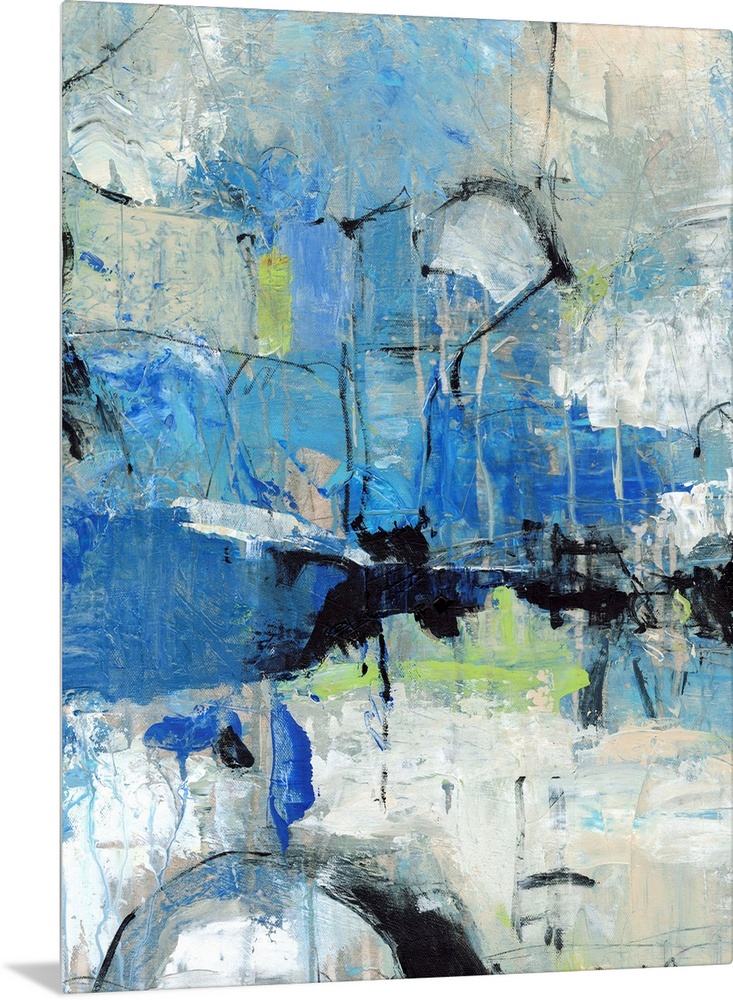 This abstract piece of artwork shows multiple techniques of painting with a cool color palate.