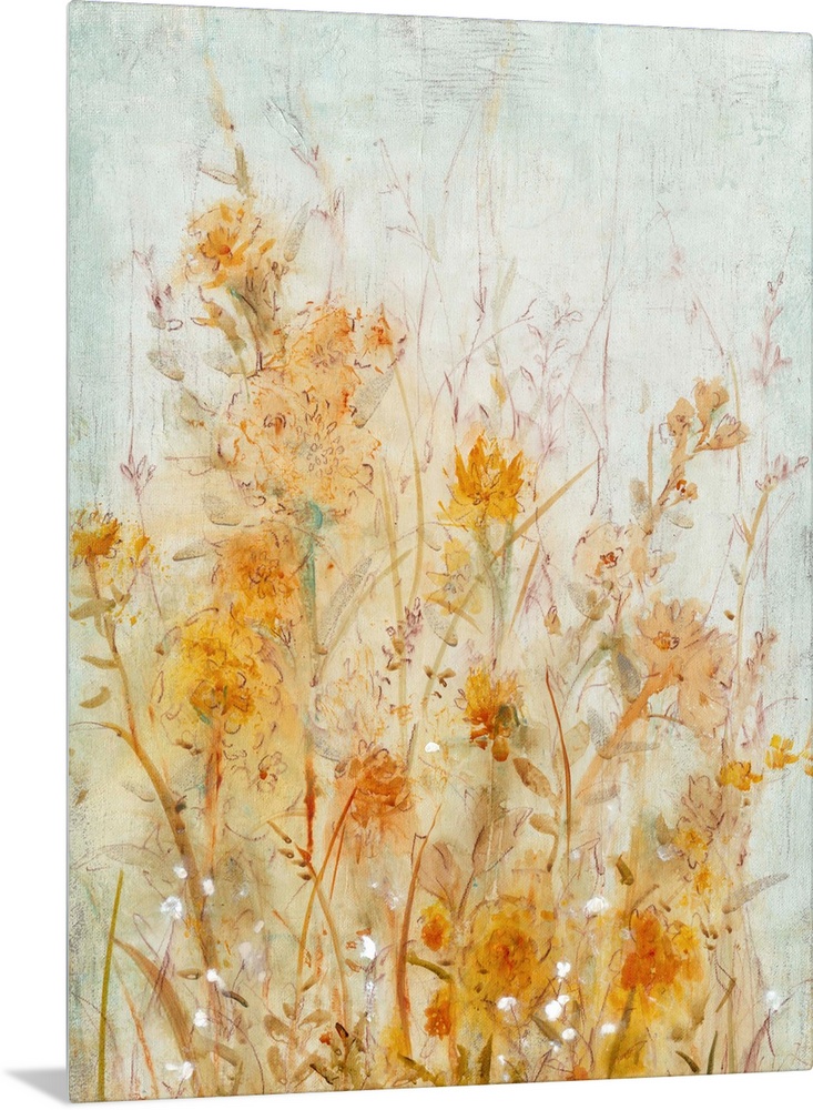 Contemporary painting of pale orange and yellow flowers.