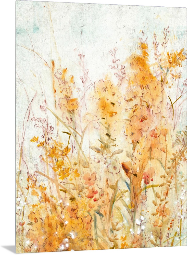 Contemporary painting of pale orange and yellow flowers.