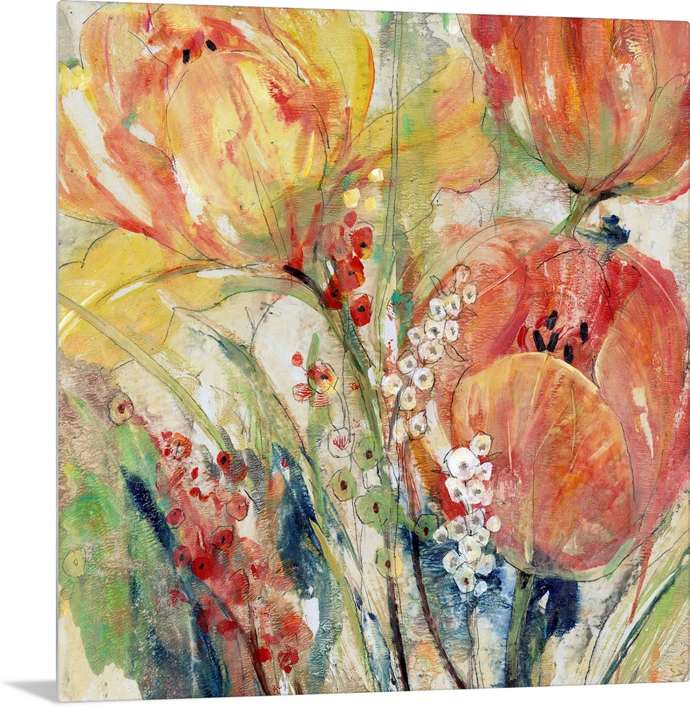 Contemporary abstract painting of orange and yellow tulips blooming in spring.