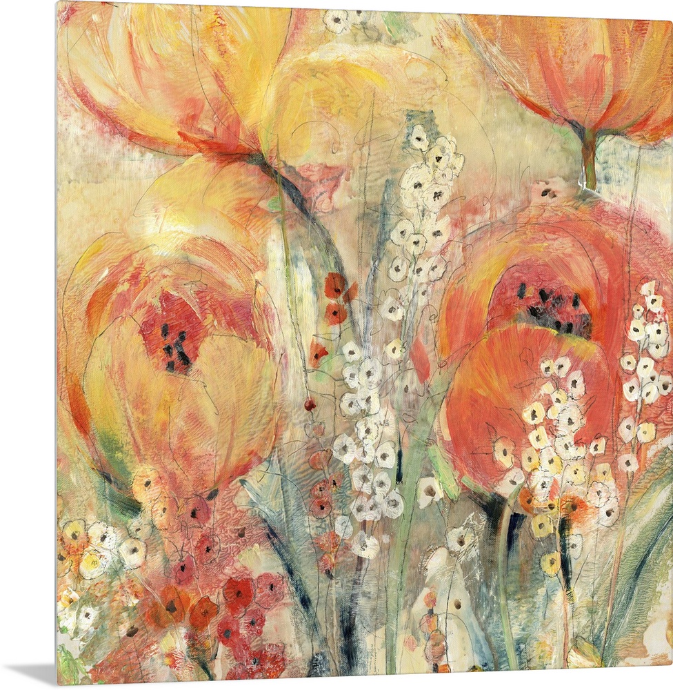 Contemporary abstract painting of orange and yellow tulips blooming in spring.