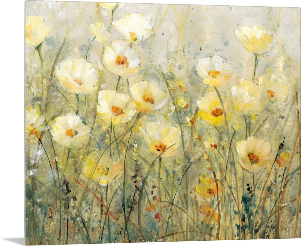 Contemporary painting of several yellow flowers growing in a field.