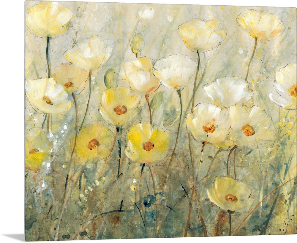 Contemporary painting of several yellow flowers growing in a field.