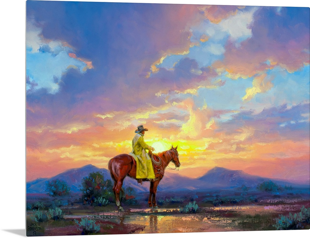Painting of man in trench coat on horse in desert at sunset.  There are mountains in the distance.