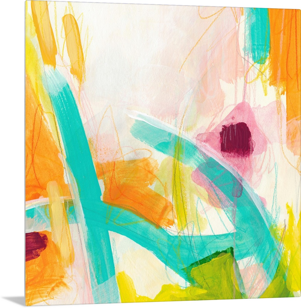Abstract painting using vibrant colors such as orange and teal to create wild shapes using broad strokes.