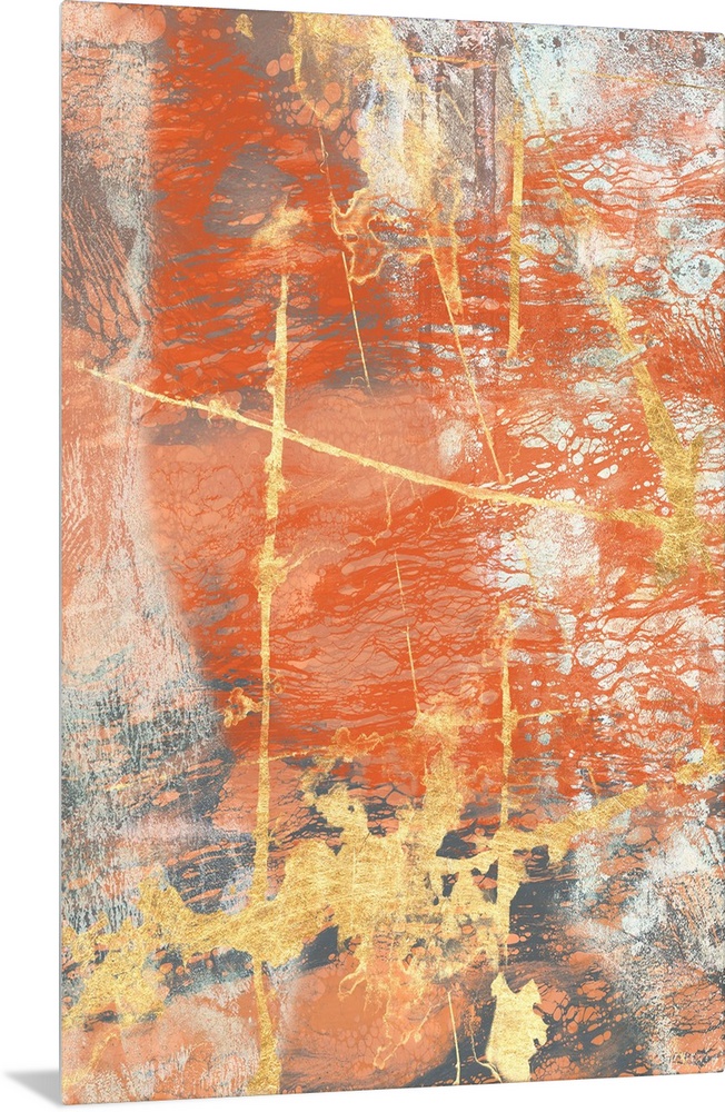 Contemporary abstract painting in bold, rusty orange and gold with a weathered effect.