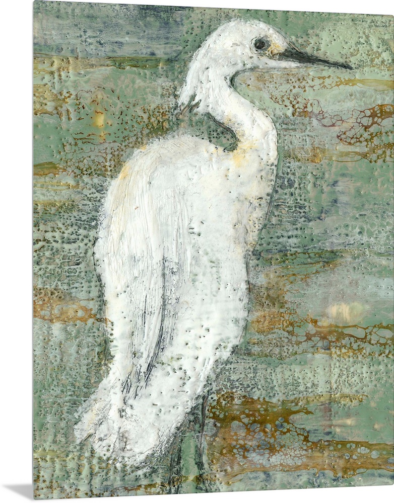 Contemporary artwork of a white heron against a weathered dark background.