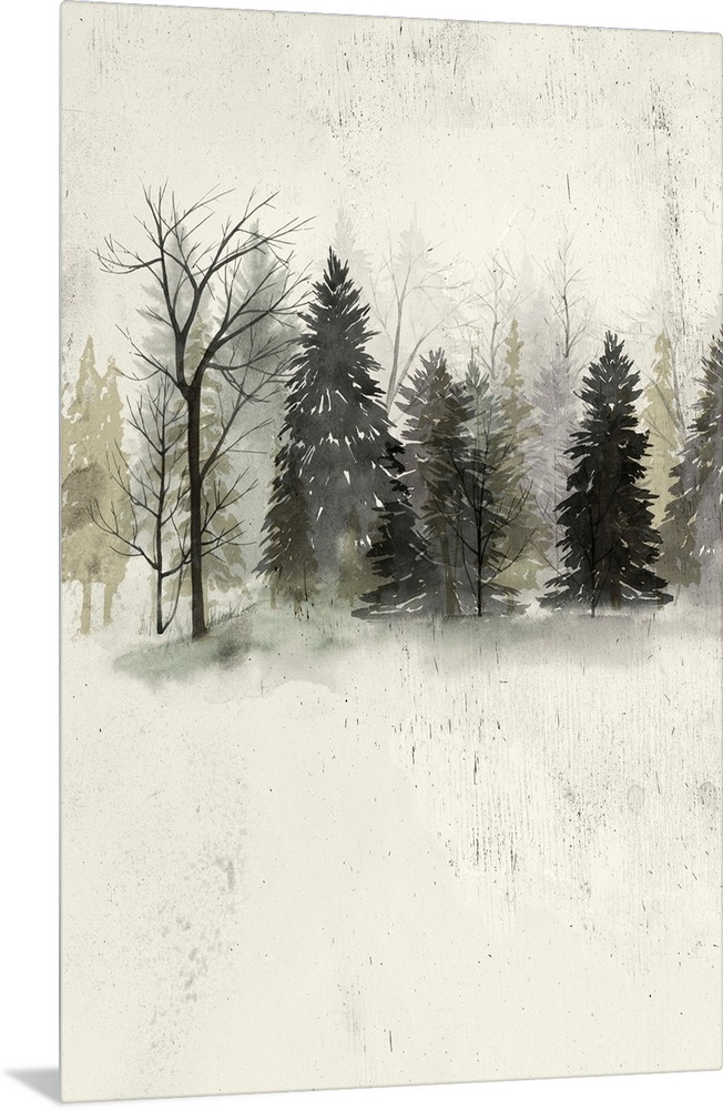 Contemporary artwork of a dark forest at the edge of a clearing.