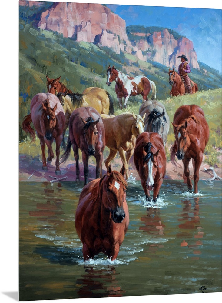 Contemporary Western artwork of a herd of wild horses forging a river, being herded by a cowboy.