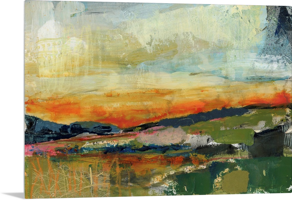 A bright, contemporary abstract painting resembling a landscape at sunset