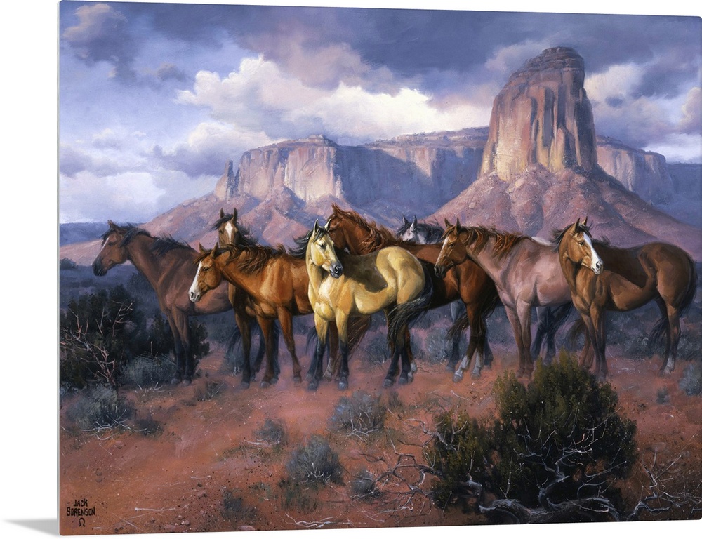 Contemporary Western artwork of a herd of wild horses in a canyon standing alert and still.