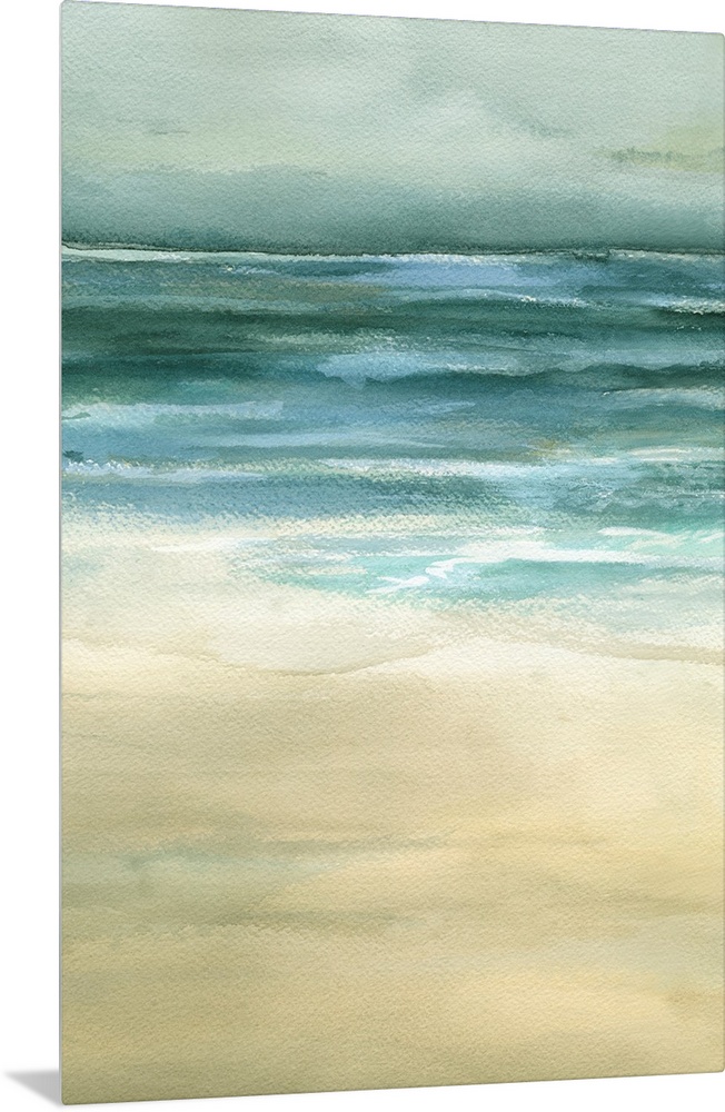 Beautiful artwork of a seascape that uses duller colors to paint the ocean and sand.