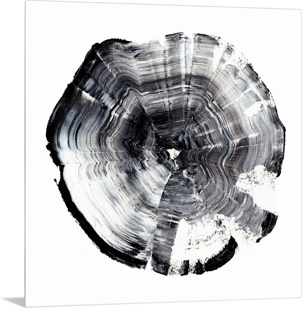 A simple, contemporary painting intended to resemble the cross section of a tree. In light and dark shades of grey, this m...