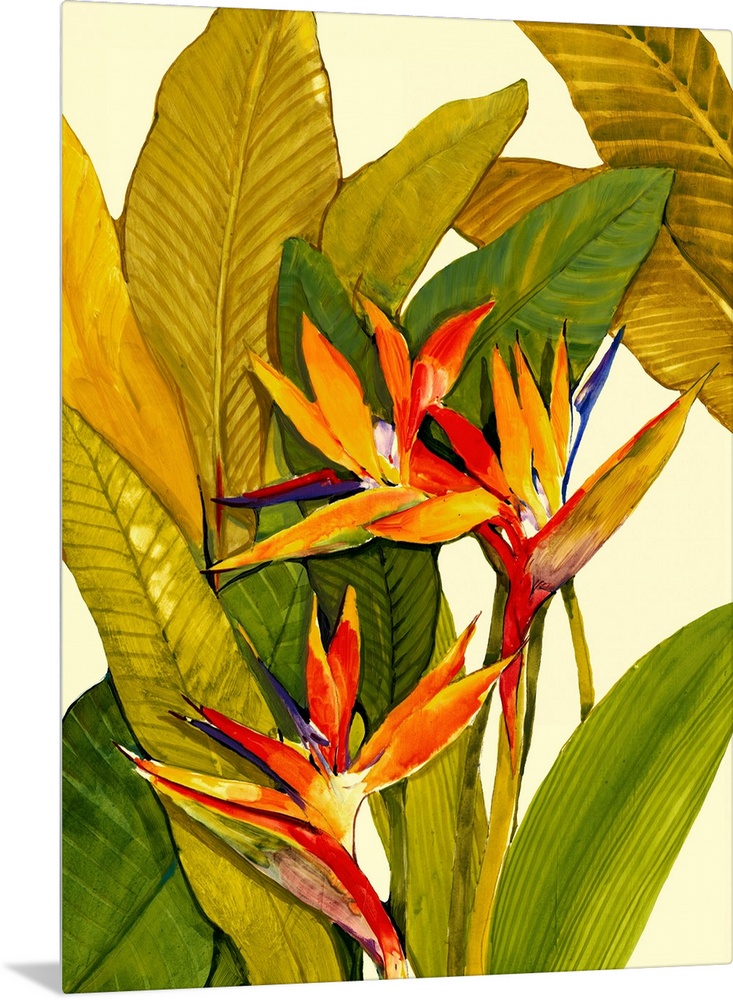 A painting by a contemporary artist of tropical plants and flowers against blank backdrop in this vertical photograph.