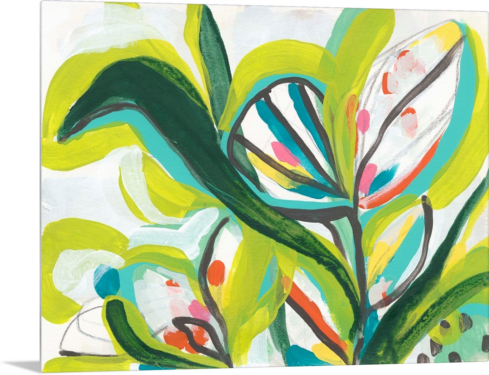 Contemporary abstract painting with tropical floral shapes in vibrant green hues.