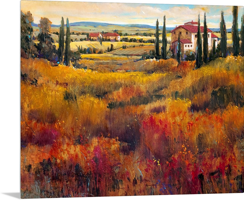 Giant contemporary art portrays the gentle rolling hills of a landscape within a region of Italy filled with scattered tre...