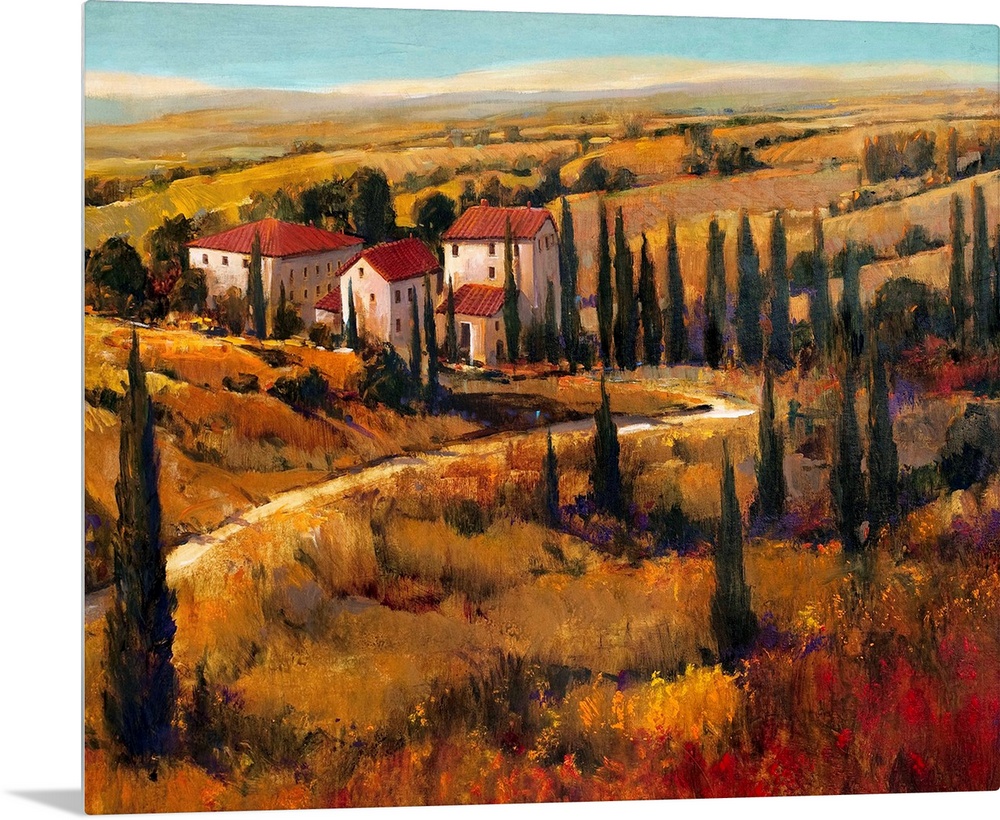 Painting of the land surrounding a villa in Tuscany.