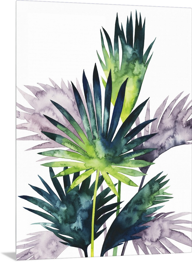 Watercolor tropical leaves in purple, blue and green flutter in the wind over a white background in this contemporary artw...