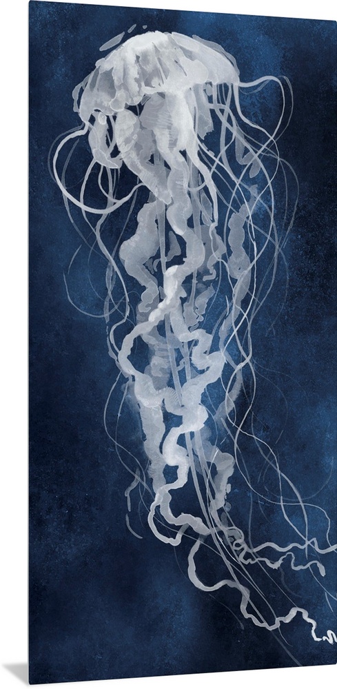 Large panel watercolor painting of a white jellyfish on an indigo background.