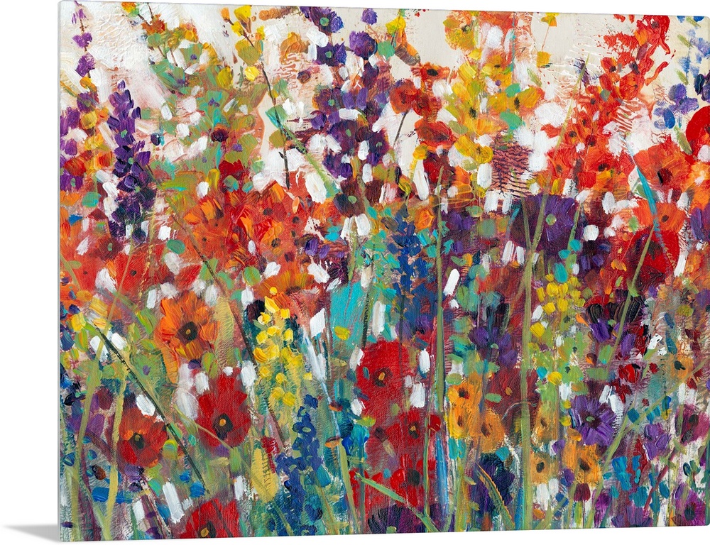 This decorative artwork features sprouting bright wildflowers made from whimsical brush strokes with a crackling texture t...